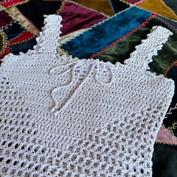 Vintage 60s Lilac Hand Knit Crochet Sweetheart Peplum Coquette Tank Top XS - Picture 2 of 5